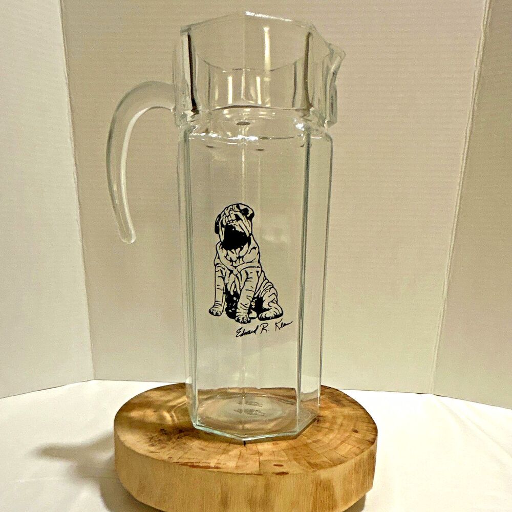 Vintage Camelot Specialties Shar Pei Glass Pitcher France Luminarc Octime 10.5”